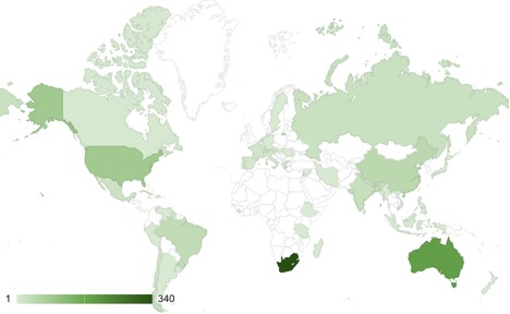 A heat map of the world, in shades of green, showing the total number of times a country is mentioned in the 1818-1830 editions of the Loddiges catalogs and The Botanical Cabinet. The scale on the bottom left shows a numerical range of 1 to 340, with lighter to darker green, respectively.