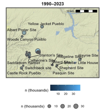Figure 2B Changes in faunal assemblage sample size (n) through time. Time is measured as the year the last faunal data was added to the database (note that projects were often started years before). This figure illustrates how much information is added across the landscape as time progresses and the variation in its quality. For years 1990-2023.